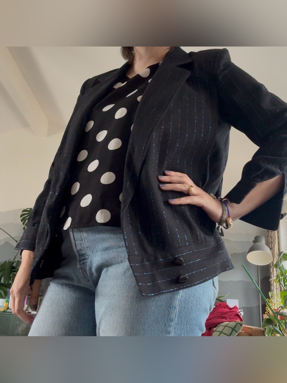 Vintage Jacket Black Blue Metallic Strips Size Medium